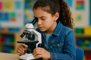 Curious young girl using microscope in classroom during science lesson, wearing denim jacket, focused on observation of biology experiment sample.. Ai generative
