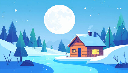 Naklejka premium Winter scene with a moon, cabin, trees, and snowy river in shades of blue, white, and orange
