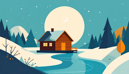 Naklejka premium Winter scene with cabin, moon, and flowing river, featuring minimalist art style and serene hues