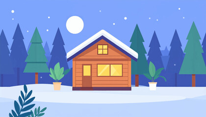 Winter scene with cabin, snow-covered ground, trees, and a full moon, depicted in a simplistic vector illustration