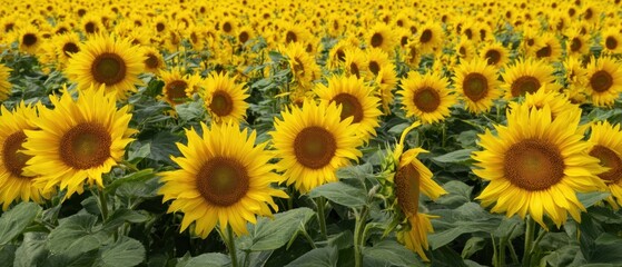 The Sunflowers in a Vibrant Summer Field Under Bright Blue Sky Panoramic View