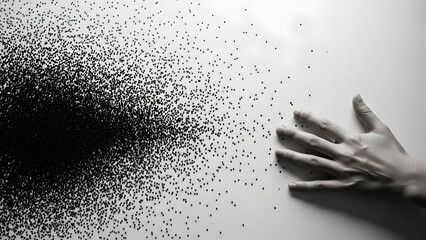 A hand reaching into a swarm of tiny particles or insects