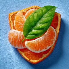 Fresh peeled mandarin slices with green leaf on blue background