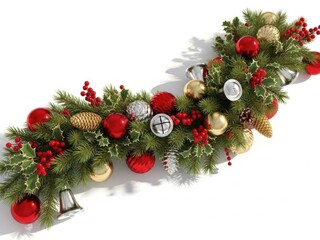 Christmas garland with ornaments isolated on white background