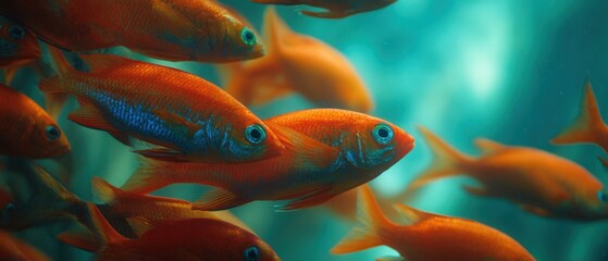 The school of vibrant orange tropical fish swimming in an aquarium with teal background