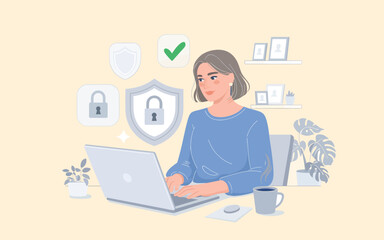 Woman working on laptop with security icons around her in a calm office environment from a slightly elevated viewpoint