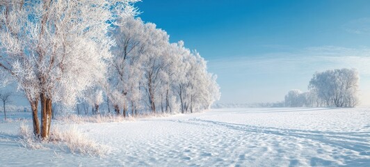 The frosty trees stand along a vast snow covered field beneath a clear blue sky