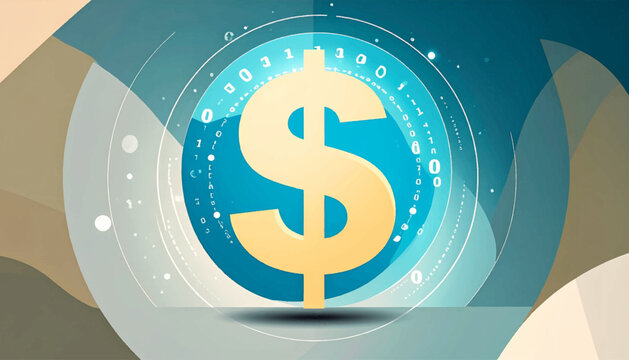 Stylized dollar sign in a teal circle, surrounded by zeros and ones, set on muted curved background