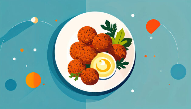 Stylized drawing of falafel on a plate, with dip and parsley, against a blue background