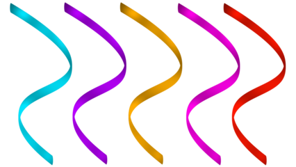 Five vibrant, elegant colorful wavy ribbons in festive turquoise, purple, orange, magenta, red, ideal for party, celebration, graphic design projects