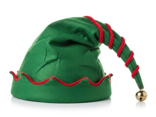 Green elf hat with bell, isolated on white background