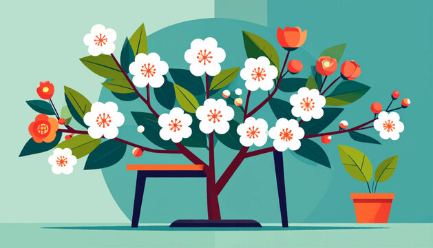 Stylized flowering tree on a table and potted plant, against a teal background, using flat, geometric forms