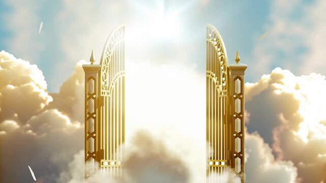 Paradise entrance through golden gates and clouds concept. Afterlife for righteous golden gates archway to everlasting happiness fulfillment divine destiny.