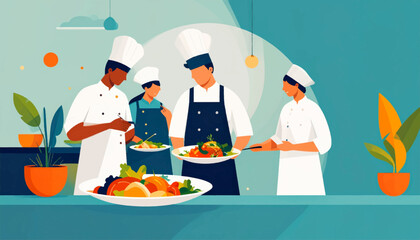 Team of chefs in a kitchen presenting gourmet dishes, minimalist art style with plant decorations