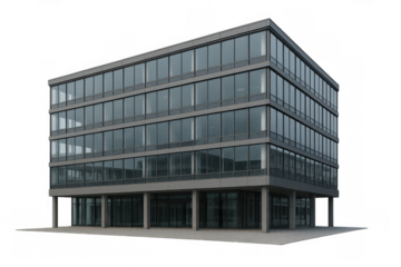 Modern office building with glass facade on transparent background, symbolizing business architecture and commercial real estate