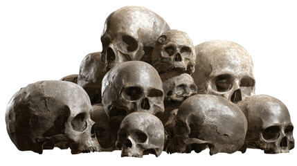 Group of human skulls arranged in a pile on a white background during an academic study