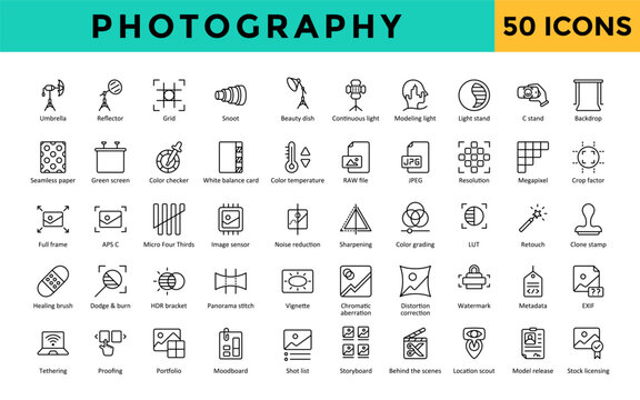 Photography icons set with umbrella, reflector, grid, snoot, beauty dish, continuous light, modeling light, light stand, c stand, backdrop icon. Simple line vector 
