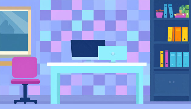 Stylized home office with desk, pc, chair, and bookcase set against a checkerboard tile wall