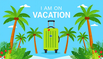 Fototapeta premium A vibrant illustration of a tropical vacation scene with palm trees, lush plants, a green suitcase, and the text 