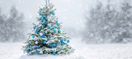 The Christmas tree decorated with blue baubles stands in a snowy winter field