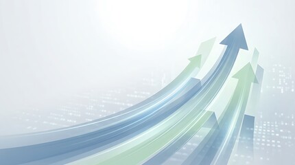 Multiple arrows pointing upwards in a cityscape with a futuristic and upward trend