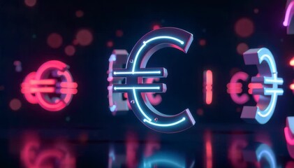 Neon glowing dollar and euro symbols rotating in mid-air  - Powered by Adobe