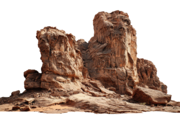 Large rock formations in a desert landscape with sand and dry soil present during daylight hours in a remote area