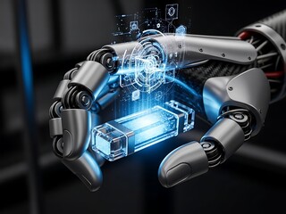 Futuristic robotic hand interacting with technological graphical interface