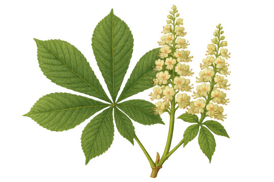 Horse chestnut leaf and blooming flowers illustration, scientific botanical drawing with transparent background