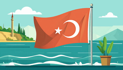 Turkish flag waves proudly over a bright blue sea; a potted plant sits nearby