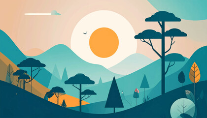 Obraz premium Stylized illustration of a landscape with rolling hills, trees, sun, and sky in a limited color palette