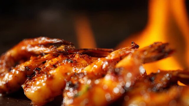 Succulent grilled shrimp expertly cooked and sizzling with a fiery background for gourmet dining and recipe visuals