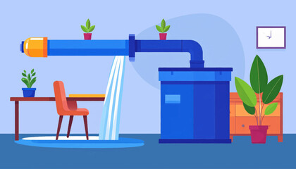 Water leaks from the pipe indoors, with furniture, a cabinet, and plants. Cartoon style, blue, brown, light blue color scheme