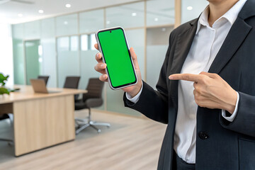 Businesswoman presenting smartphone with green screen in modern office