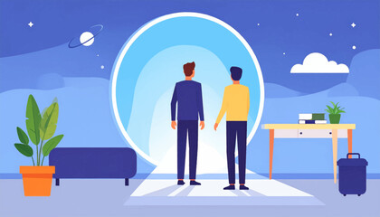 Obraz premium Two figures gaze toward a bright portal in a stylized room under a starry sky in a flat vector illustration
