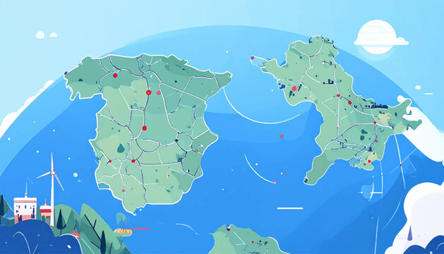 Stylized illustration of Spain and Mallorca map with trees, wind turbine, and buildings against a blue backdrop