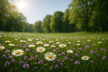Fototapeta premium Field of daisies and purple wildflowers in a sunlit meadow surrounded by trees under clear sky, evoking peaceful summer landscape atmosphere. Ai generative