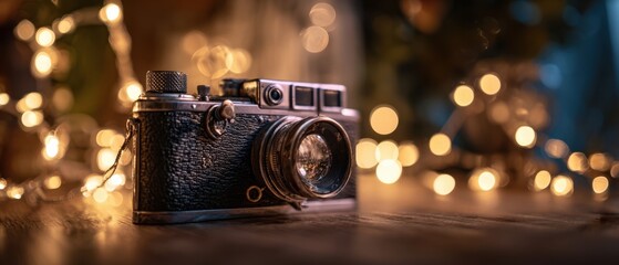 The camera on a rustic tabletop with glowing bokeh holiday lights