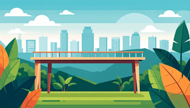 Stylized illustration overlooking a cityscape with foliage and mountains, rendered in vector style and muted colors