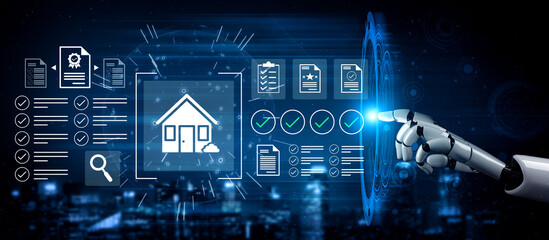 A robotic hand interacts with a digital interface displaying smart home icons, representing advancements in home automation technology in a futuristic setting. Gantry