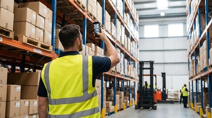 Warehouse worker in high-visibility vest scanning boxes on storage shelves