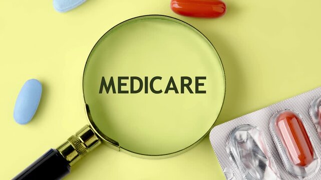 A magnifying glass focuses on the word Medicare, pills in blister packs and loose capsules scattered on a yellow background. Healthcare examination for medical benefits
