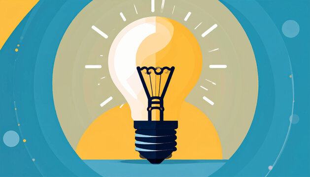 Stylized lightbulb emits bright rays within blue circles, a graphic icon on a flat-lay colored background