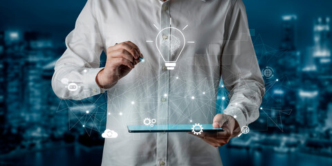 AI innovation with neural network and digital transformation. AI innovation drives automation, powers ideas, AI innovation enhances SEO, and AI innovation enables global connection. Vouch