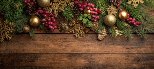 The Christmas garland on rustic wooden background with gold ornaments and red berries