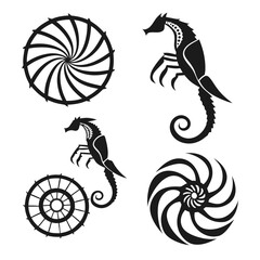 Abstract seahorse and shell silhouettes © RABBI