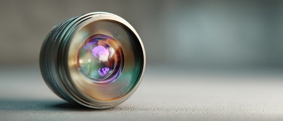 The Camera Lens Resting on a Surface with Colorful Reflections and Bokeh