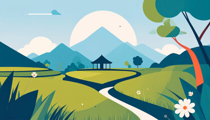 Obraz premium Stylized pastoral landscape with distant mountains, a path, and a small gazebo