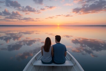 Couple sitting on boat watching peaceful sunset over calm lake, tranquil sky and soft clouds reflected in water, romantic landscape concept scene. Ai generative