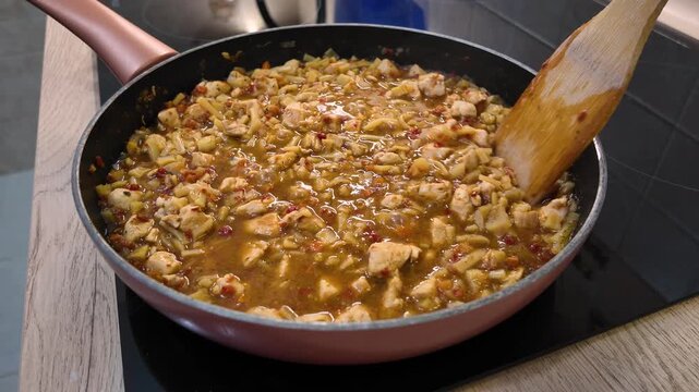 Cooking chicken with vegetables in a skillet on the stovetop in a modern kitchen setting